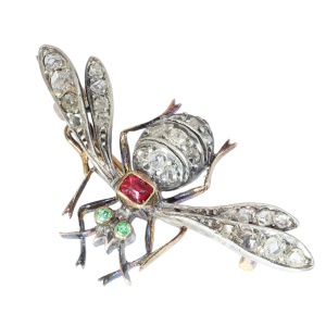 Late Victorian Diamond Bee Brooch, Ruby Thorax and Emerald Eyes